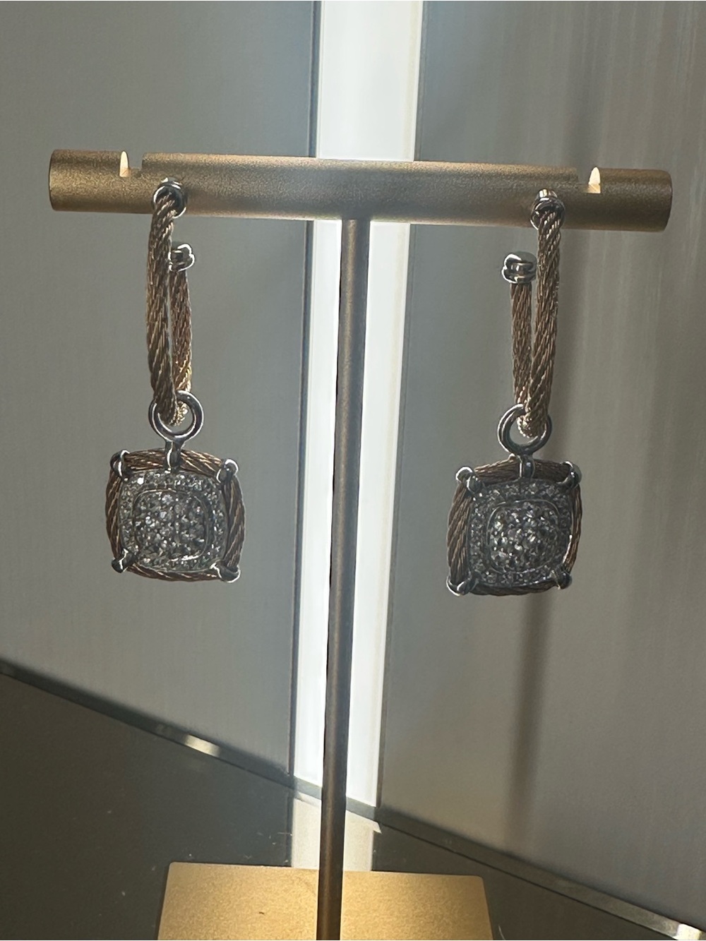 Two-Tone Yellow Gold and Silver Cable Drop Earrings with Pave Accents & Diamonds - Picture 7 of 9